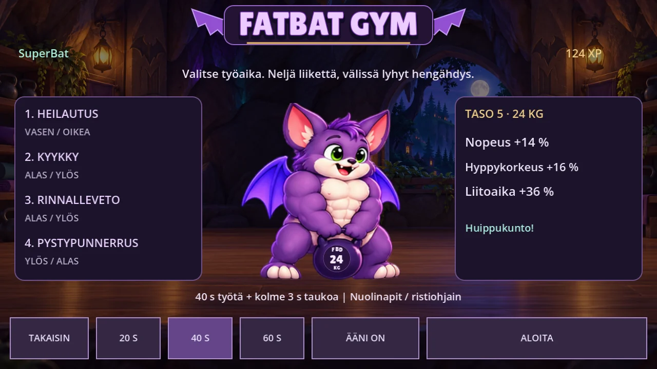 SuperBat ja 24 kilon kahvakuula FatBat Gymin valmiusnäkymässä.
