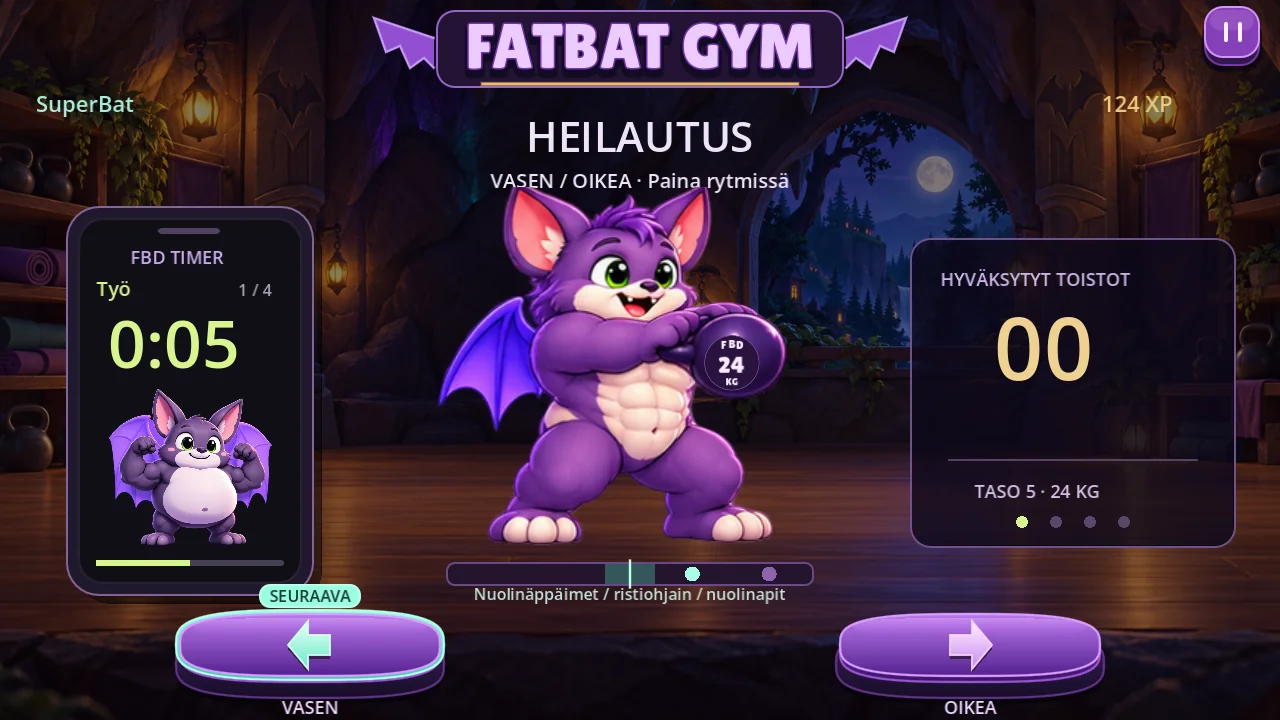 SuperBat heilauttaa 24 kilon kahvakuulaa FatBat Gymin rytmiharjoituksessa.
