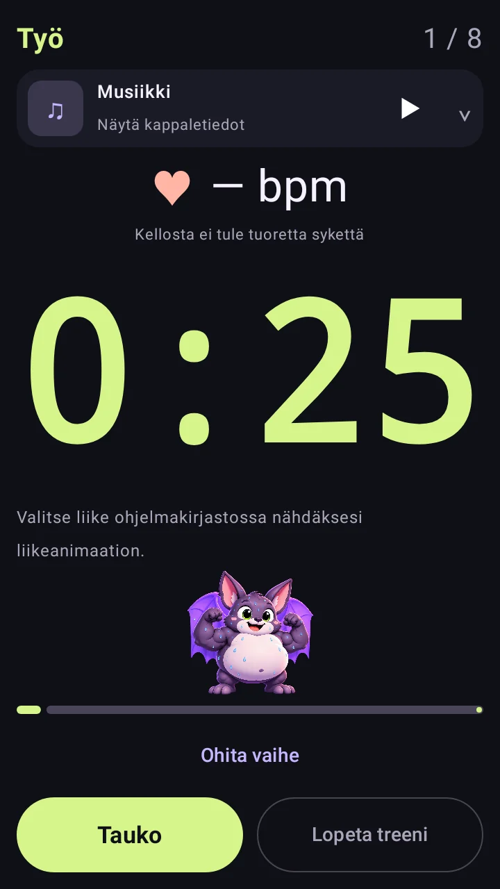 FBD Timer’s Finnish-language workout view showing the work phase and timer.